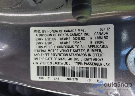 2012 Honda Civic Ex-L z USA, uszkodzony, nr VIN 2HGFB2F9XCH575830